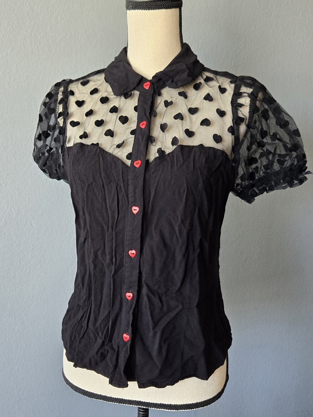 Black Flocked Heart Girls Woven Button-Up - Picture 3 of 7